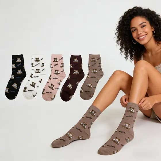 (3-12 pares) Meias esportivas casuais femininas de cano médio, estampa fofa de ursinho, tamanhos 35-40