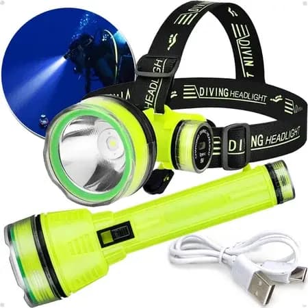 Kit 2 Lanternas de Mergulho Cabeça e Mão Profissionais – LED Recarregável 30m à Prova d’Água - EC6323/EC6325