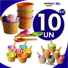 KIT 10 Peças  Tigelas Potes Plástico Para Sorvete Sobremesa Com Colher Casquinha Festa Cores Sortidas