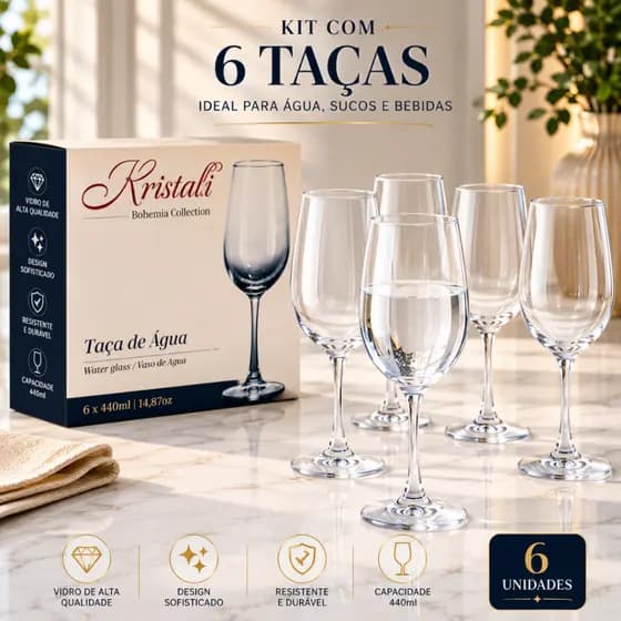 Jogo de Taças para Água Kristal Bohemia Collection 440ml – 6 Peças