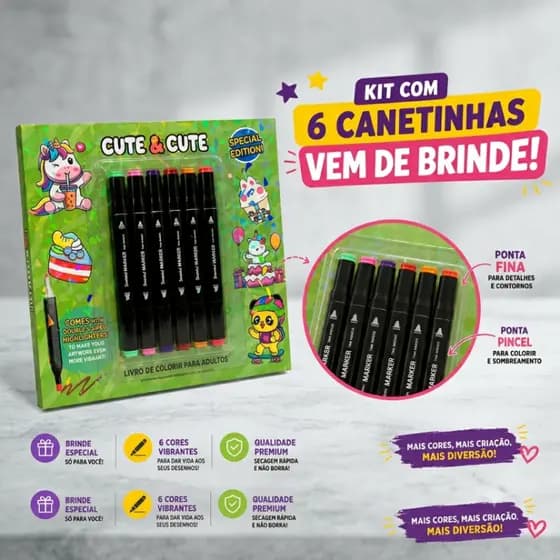 Caderno para Colorir Infantil + Kit com 6 Canetinhas Coloridas de Brinde