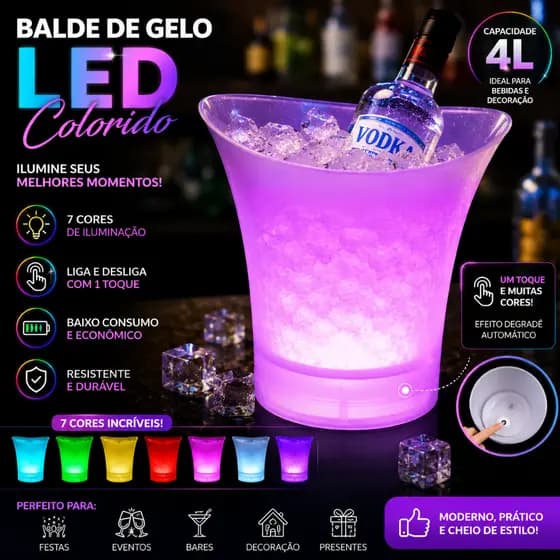 Balde Led Iluminado Caixa De Som Bluetooth  6,5L Funcionalidade Festa Bebidas Branco