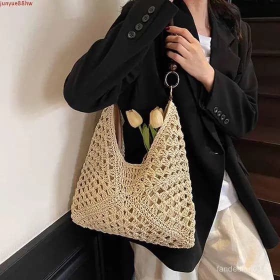 JUNYUE Bolsa De Praia Boêmia , De Grande Capacidade Tecido De Palha Ombro Oca
