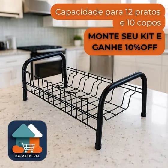 Escorredor De Louça Compacto Aço 12 Pratos 10 Copos + Porta Talher Preto - Ecom Generali