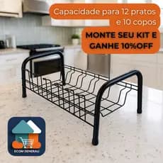 Escorredor De Louça Compacto Aço 12 Pratos 10 Copos + Porta Talher Preto - Ecom Generali