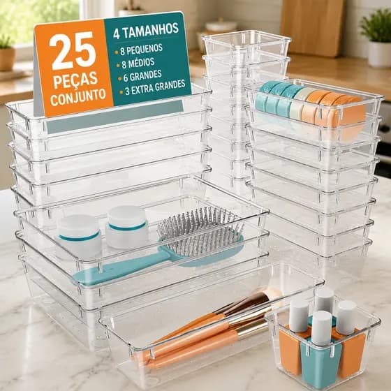 Kit 25 Organizador Acrílico Gaveta Geladeira Porta Maquiagem Multiuso Tranparente Resistente