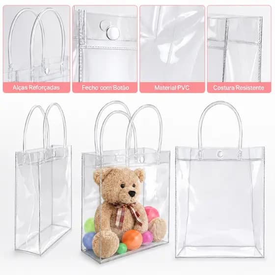 Kit 10 Sacola Transparente para Presentes Reutilizável PVC Lembrancinhas
