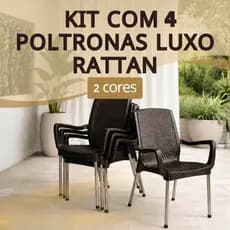 Kit 4 Poltrona Reforçada Rattan Luxo UV Empilhável 160kg Aço Cromado Varanda