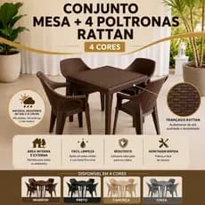 Conjunto Mesa com 4 Cadeiras Rattan Poltrona Reforçada Jantar Área Jardim Salão Lazer Piscina