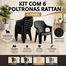 Kit 6 Poltronas Rattan Reforçada Empilhável Escritório Varanda Piscina Salão Jardim Lazer Área Lazer