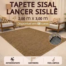 Tapete Sala 3,00 x 2,00m Sisal Lancer Sisllê Antiderrapante Cantoneira Aço Cromado Quarto Escritório