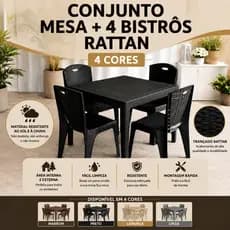 Conjunto Mesa e 4 Bistrô Rattan Reforçada Jantar Área Jardim Salão Festa Casa Lazer
