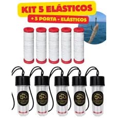 KIT 5 Linha Elástica Elastic Amarrar Isca Pesca 110m + 5 Porta Elasticos Lembrancinha Pescador