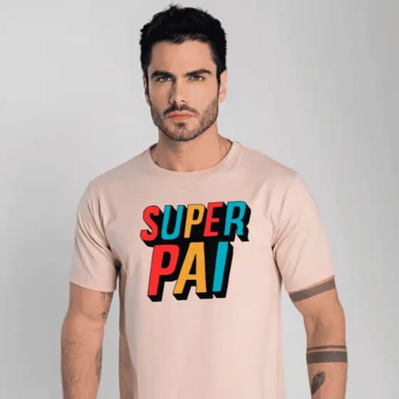Camiseta Super Pai Camisa Bege Presente Dia dos Pais Paizão Herói Família Algodão Estampa