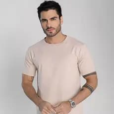 Camiseta Masculina Bege Algodão 100% Confortável Dia a Dia Reforço Ombro a Ombro