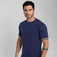 Camiseta Masculina Azul Marinho Lisa Algodão Fio 30.1 Básica Casual Confortável