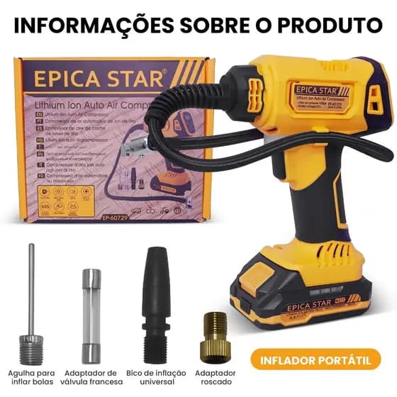 Compressor de Ar a Bateria EPICA STAR 21V (1 Bateria + 1 Carregador), Portátil com Display Digital para Pneus de Carro