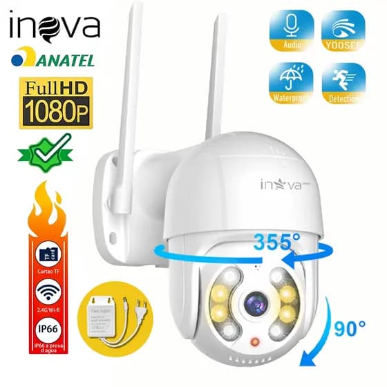 INOVA Câmera IP Wiﬁ 360° Controle Remoto via Celular Audio Bidirecional 1080P Visão Noturna IP66 APP YOOSEE
