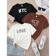 Camiseta Feminina Kit 3 NYC Branco Preto Cabeça Urso X Marrom Love Girassol Off White