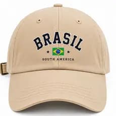 Boné Bege Aba Curva Estampado BRASIL South America com Bandeira Brasileira Dad Hat Unissex