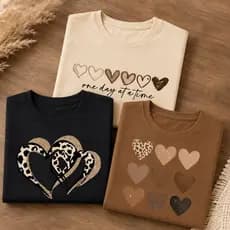 Kit 3 Blusas Femininas Camisetas T-shirt Algodão Marrom Preto Coração Oncinha Manga Curta Casual