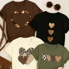 Kit 4 Camisetas Baby Look Coração Glitter Oncinha | Marrom Preta Creme Verde | Amor Romântico