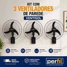 Kit 3 Ventiladores Ventisol 60cm Ventilador 220v Ventilador de Parede Grande Ventilador Silencioso