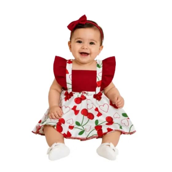 Vestido Bebê Feminino Cerejinha Luxo com Laço | Roupa Infantil Feminina