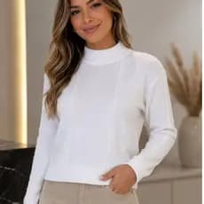 Blusa de Tricot Feminina Gola Alta Manga Longa Suéter Branco Inverno Elegante Premium