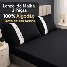 Lençol de Malha Jogo 100% Algodão Liso com Detalhe em Renda Elástico Completo Macio e Elegante