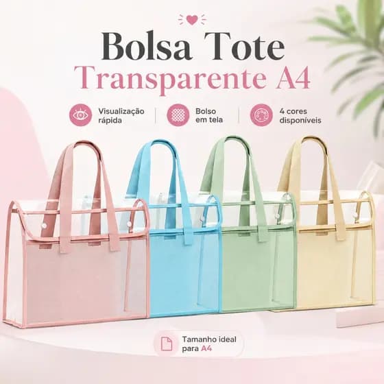 Bolsa Tote Transparente Feminina PVC Impermeavel Documentos A4 Escola Faculdade Trabalho Espacosa Organizadora Top