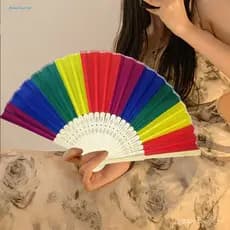 Ventilador Dobrável Arco-Íris , Leve , Colorido , Bambu , Leques De Mão Para Festas De Verão E Apresentações De Dança ,