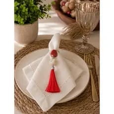 Kit 6 Porta Guardanapos com Pedras Bege e Vermelha e Tassel Vermelho | Mesa Posta Sofisticada