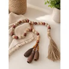 Colar Decorativo de Mesa em Madeira com Tassel e Sementes Naturais 1,07m