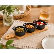 Conjunto Bandeja de Bambu com 3 Petisqueiras Redondas de Porcelana Pretas Mesa Posta 28,5x10x5cm