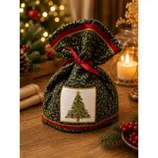Porta Panetone Natalino em Tecido Árvore de Natal Bordada 30x27cm Decoração de Natal