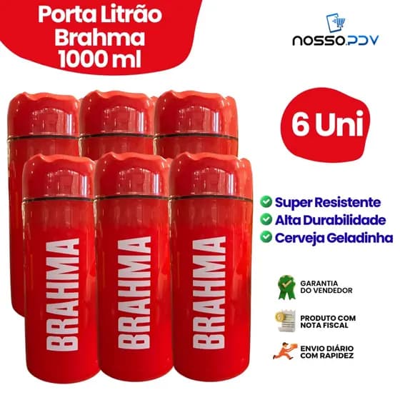 Kit 6 Porta Garrafas Térmico Para Cerveja Litrão Brahma 1L Cor Vermelho Parede Dupla Alta Qualidade Envio Rápido