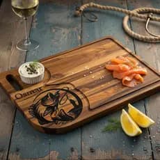 Tábua De Carne Pescador Pescando Peixe Madeira Teca Com Ramekin Churrasco Personalizada Presente