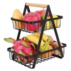 Fruteira Dupla em Metal Organizador Multiuso com Alça de Madeira para Cozinha