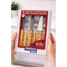 Kit Churrasco Inox 6 Peças Cabo Madeira Facas Garfos BBQ Grelha Resistente