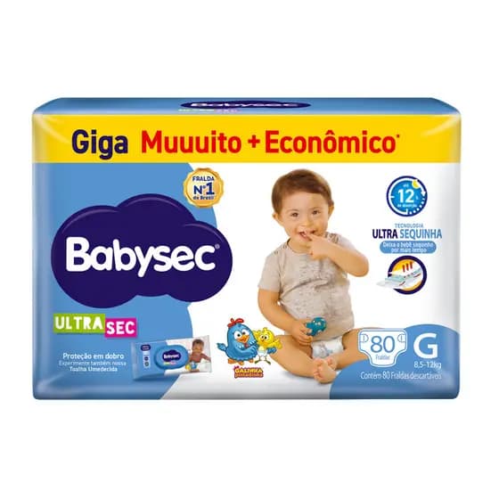 Pacote de Fralda Infantil  BabySec Galinha Pintadinha Ultrasec G Giga – 80 Unidades- Conforto e Alta Absorção