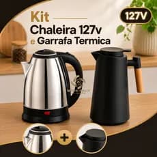 Kit Chaleira Elétrica 1,8l 127v + Garrafa Térmica 1Litro - Nórdica Cabo de Madeira