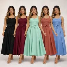 Vestido Midi Feminino Alça Duna Linho Cinto e Elastex Moda Casual Elegante Verão Vestido Feminino