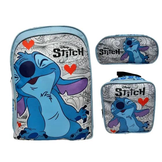 Kit Mochila Escolar Sem Carrinho, Porta-lápis, Lancheira térmica Stitch azul