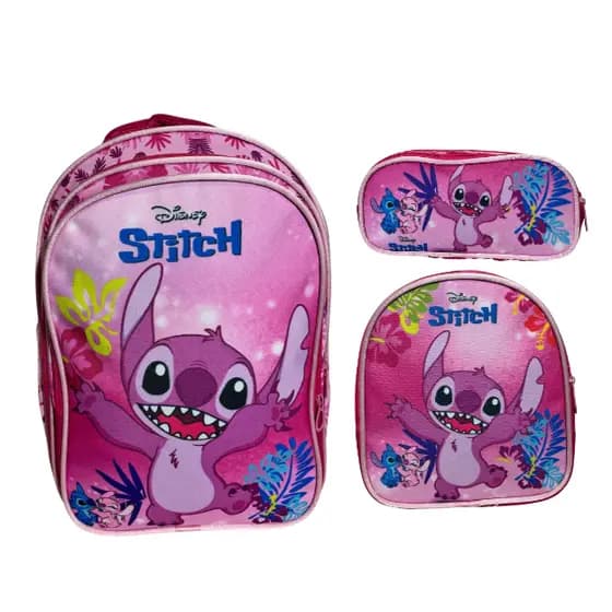 Kit Mochila Escolar Sem Carrinho, Porta-lápis, Lancheira térmica Stitch rosa