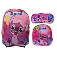 Kit Mochila Escolar Com Rodinha, Estojo, Lancheira térmica Stich rosa