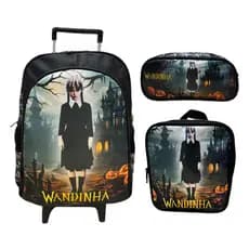 Kit Mochila Escolar Com Rodinha, Estojo, Lancheira térmica Wandinha