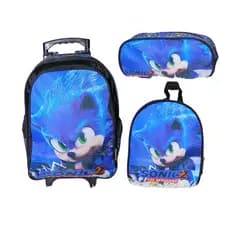 Kit Mochila Escolar Com Rodinha, Estojo, Lancheira térmica Sonic azul