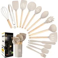 Jogo De Cozinha Kit C/11 ou C/15/ Peças De Premium Silicone Utensílios E Copo Suporte Para Cabo De Madeira