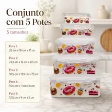 Kit 5 Potes Retangulares Para cozinha Alimentos de Plastico c/ Travas e Tampa